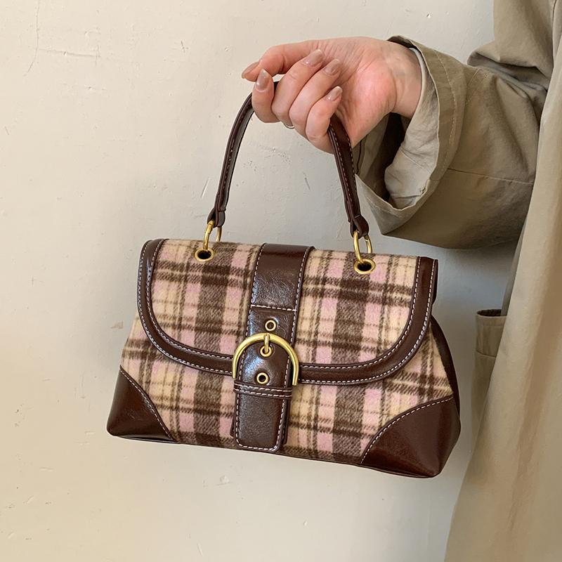 Autumn Winter Women's Woolen Plaid One Shoulder Bags Texture PU Splicing Square Handbags Korean Fashi Crossbody Bags