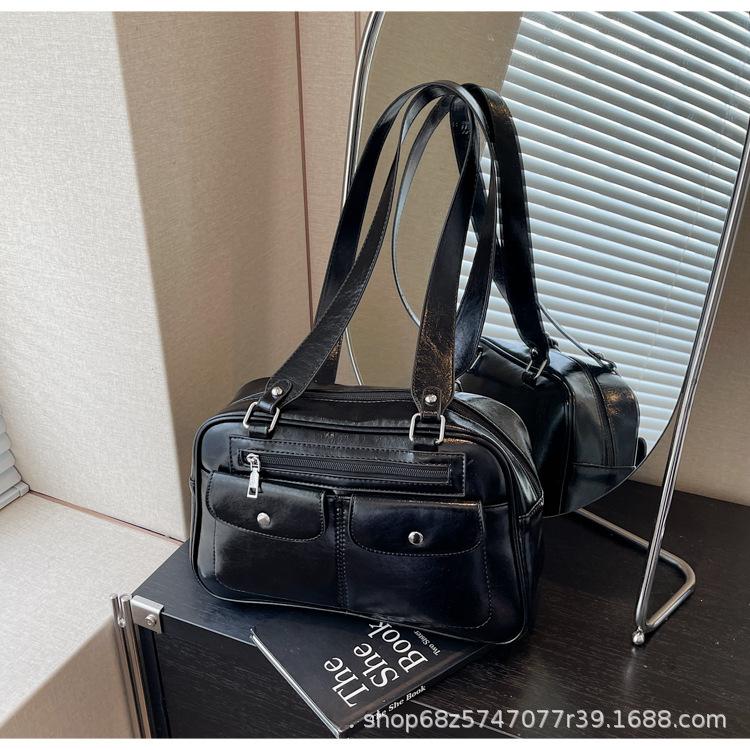 Popular texture retro underarm bag women's 2025 new Korean foreign style portable double pocket PU leather shoulder Boston bag