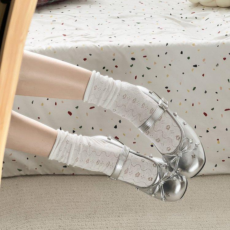 Gentle Wind Evening Small Leather Shoes Women's Ballet Mary Jane Shoes French Silver Small Leather Shoes Thick Heel Single Shoes with Skirt