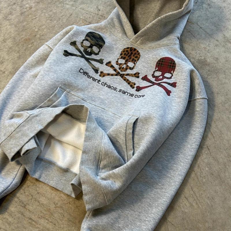European and American Street Skull Print Gray Retro Casual Hoodie
