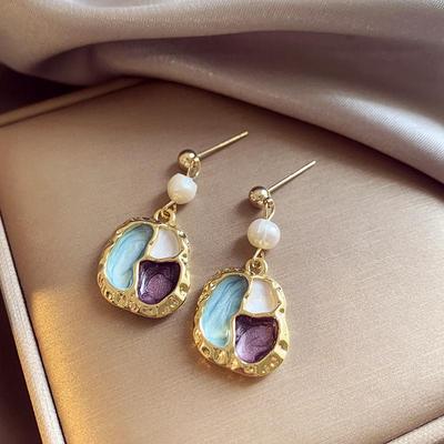 Unregelmäßige Farbblock-Perlen-Tropfenöl-Ohrringe - Französisches Design High-End-Ohrstecker, Retro-Mode-Accessoires.
