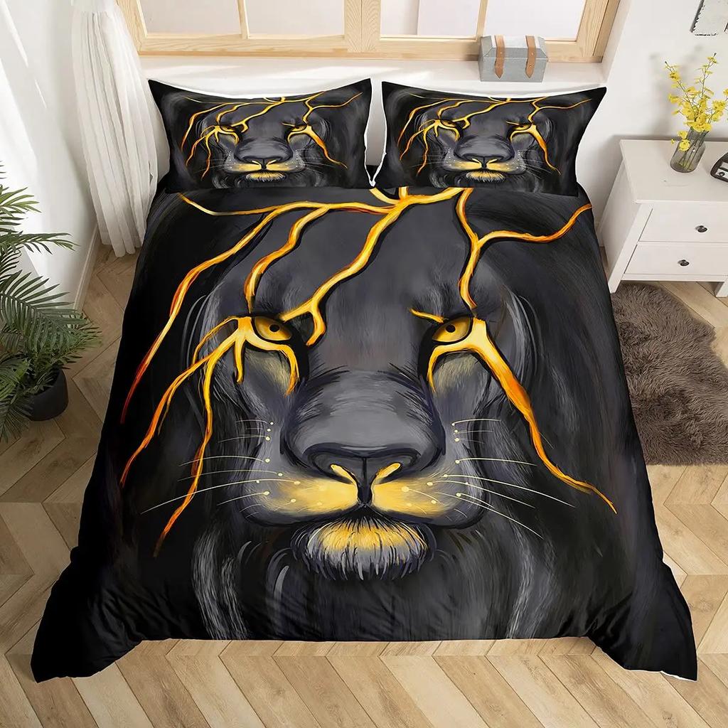 Galaxy Tiger Duvet Cover Set Blue Nebulas Stars Moon Bedding Sets Outer Space Wildlife Sky Starry King Comforter Cover Set