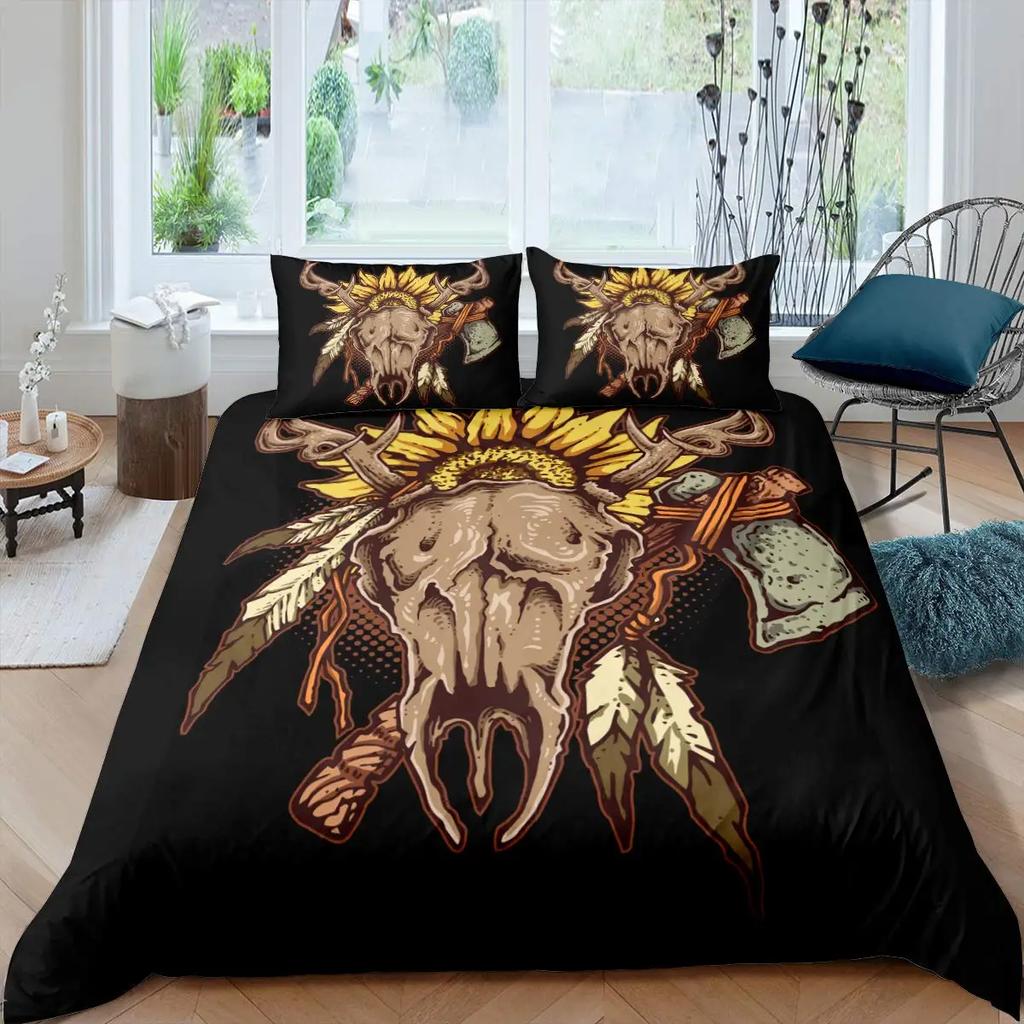 Cow Skull Duvet Cover Queen Sunflower Cattle/Bull Skeleton Bedding Set Botanical Floral Leaves Boho Tribal Polyester Quilt Cover