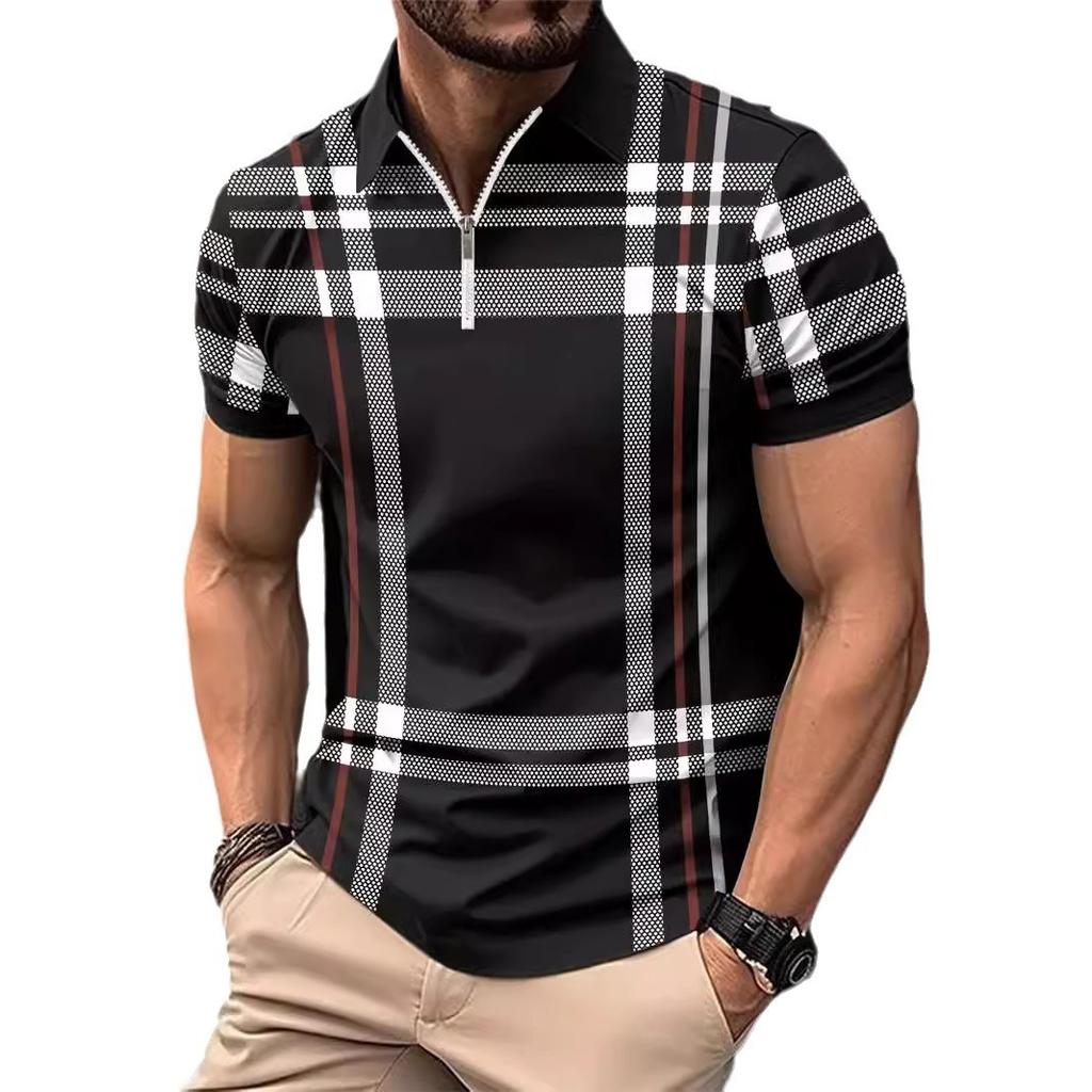 Plaid 3D Printed Short-Sleeved Top Men'S Casual Lapel Polo Shirt