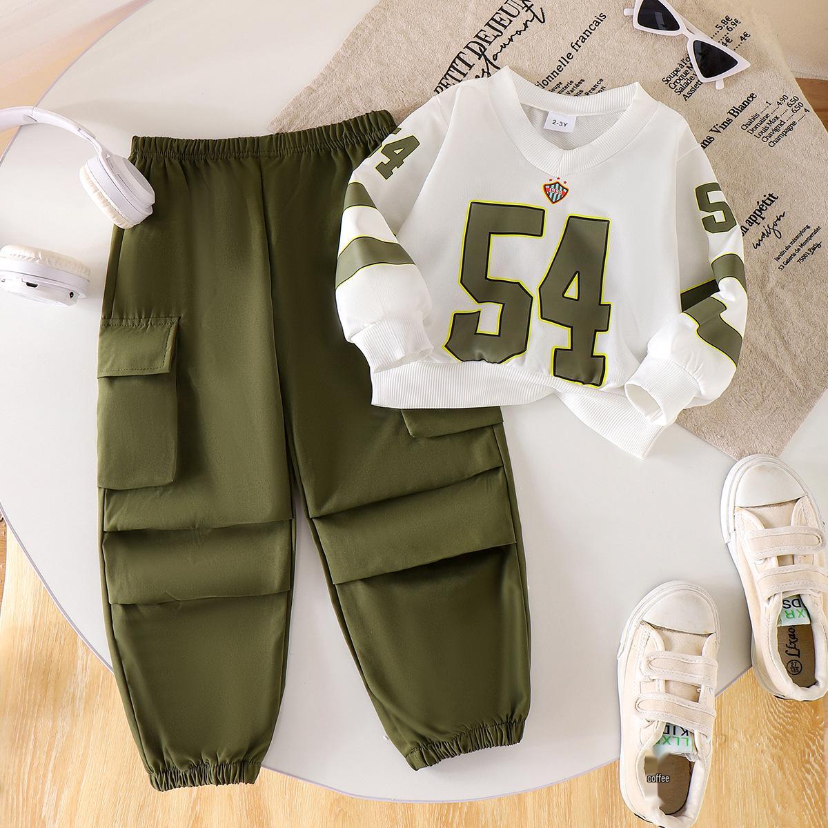 

European & American Style Toddler Hoodie (White, 54 Patterns) + Green Trousers Set 4 Years армія зелений колір