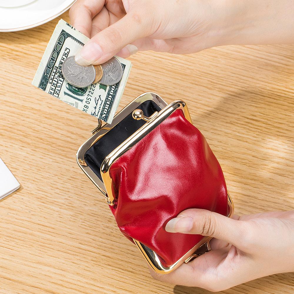 New Compact Retro Double Clip Clip Change Bag Women's European and American First Layer Oil Wax Leather Coin Bag Storage Bag Fans