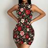 Women Plus Size High Neck Sleeveless Black Floral Printed Bodycon Mini Dress