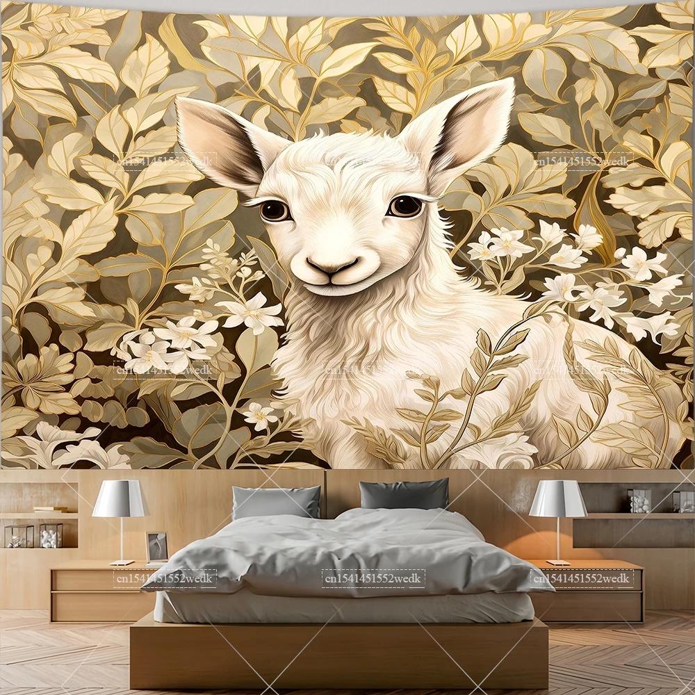 Sheep in Garden Tapestry Wall Hanging Animal Ram Sheep Deer Tapestry Aesthetic Room Decor Wallpapers For Bedroom Paintings