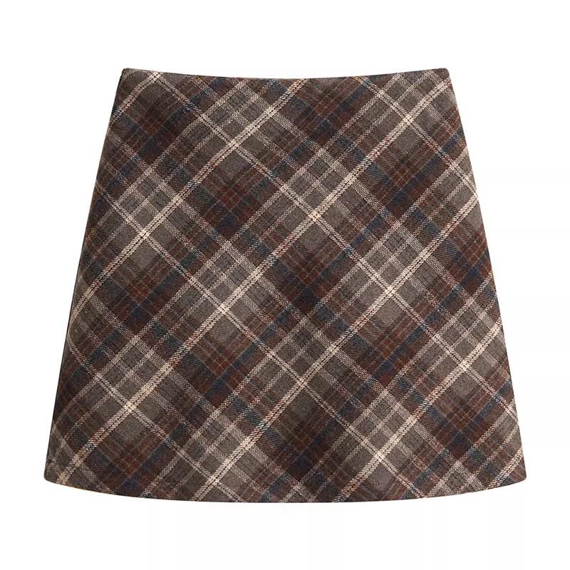 Women's Gray Plaid A-Line Woolen Mini Skirt - High Waist, Slimming, Petite Fit for Autumn/Winter 2026