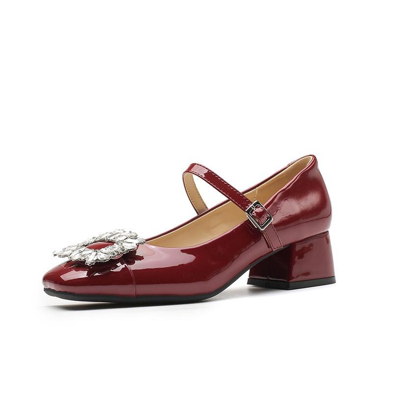 Wedding shoes Bridal shoes Temperament rhinestone square head shallow mouth with red retro Mary Jane thick heels high heels