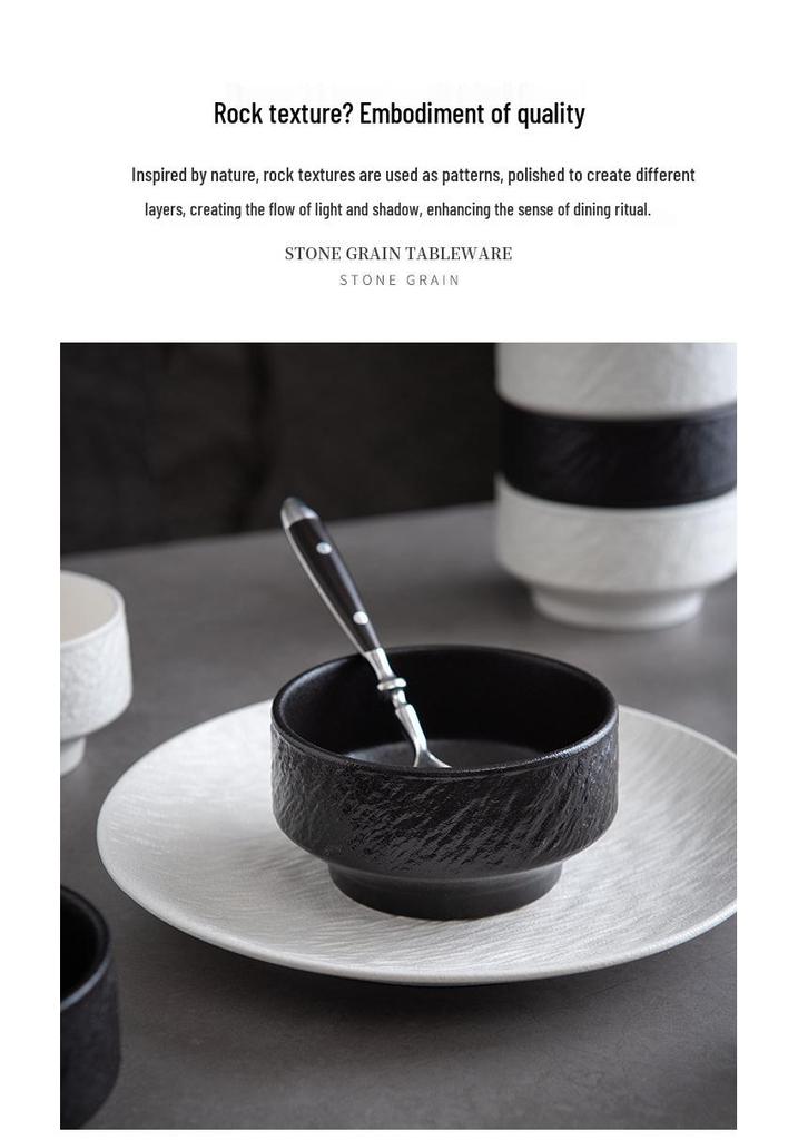 Black and White Ceramic Rice Bowl - Rock Texture Household Tableware for Soup, Salad, Dessert