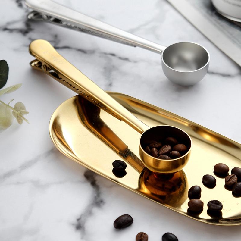 Stainless Steel Measuring Spoon Coffee Bean Spoon With Sealing Bag Clip Spice Milk Powder Scoop Baking Scale Spoon Kitchen Tool