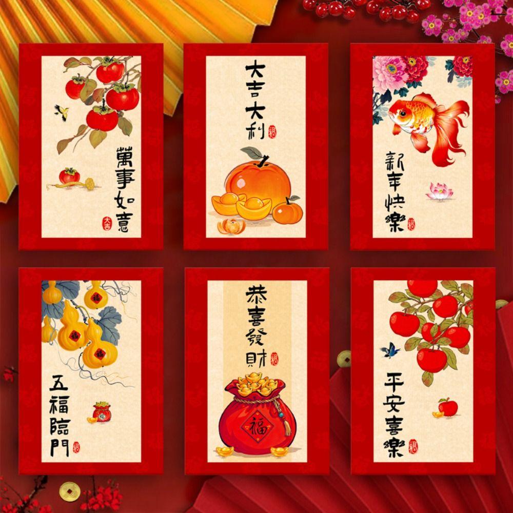 6pcs Oil Painting Style Chinese New Year Red Envelopes Traditional Red Pocket  Lunar New Year Gifts