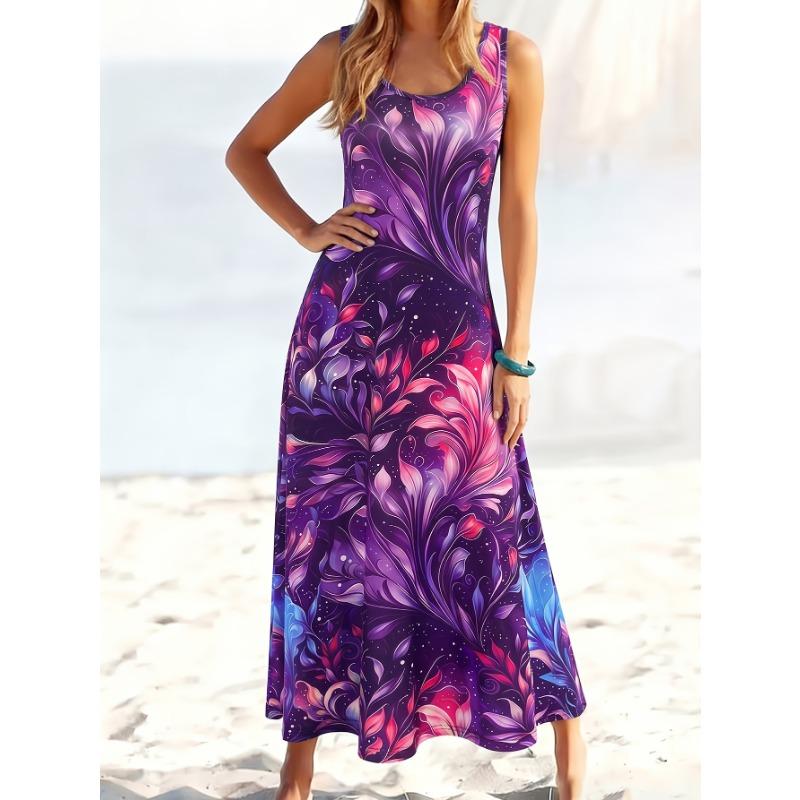 Dresses for Woman Vest Dress Beach Holiday Round Neck Sleeveless A-Line Long Skirt Starry Iridescent Floral Gradient Print
