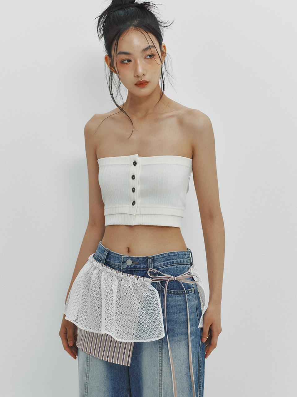 Minderly Ribbed Button Tube Top - Ivory Ivory/One Size