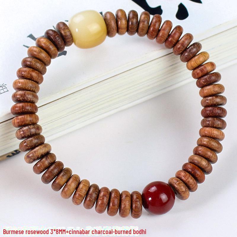Handcrafted Wooden Bracelet with Burmese Rosewood and Bodhi Root Beads, 3*8MM, Unisex Design for Couples