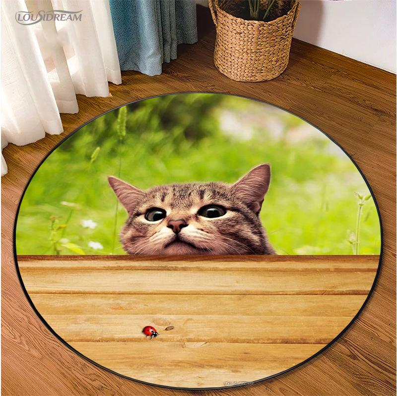 Cute Dog Cat Cartoon Round Area Rug Carpet for Living Room Bedroom Table Kid Play Un-slip Floor Mat Decor Tapete Peludo Alfombra