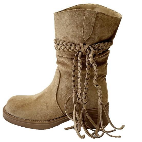 Retro wasteland fringed knight boots autumn design thick heel but knee Martin boots versatile fashion mid boots