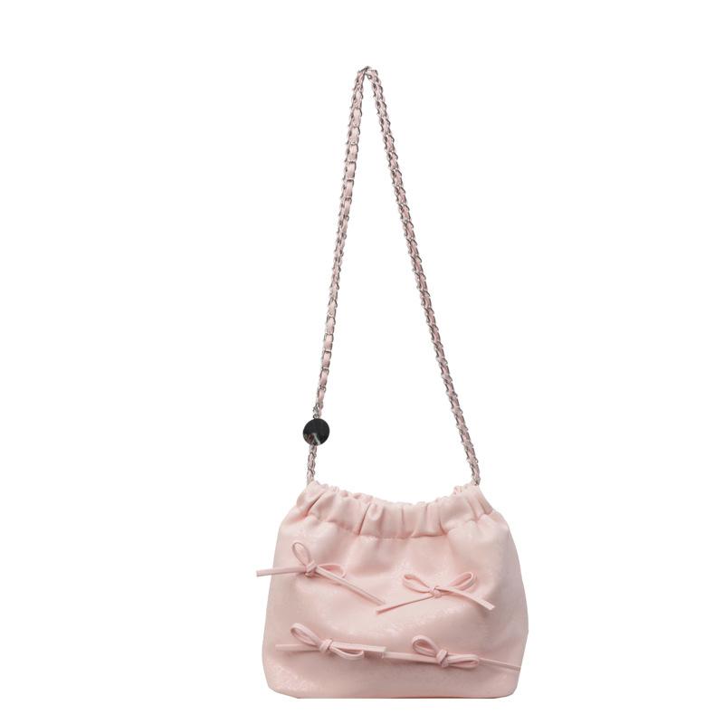 

Korean version bow pu fashion bag women s solid color chain underarm bag high-end niche soft leather pleated shoulder bag розовый