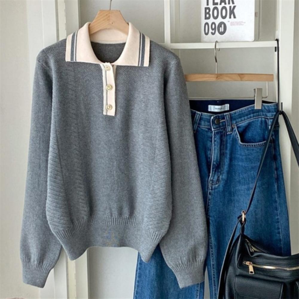 New Arrivals Open Run Viscose Color Block Button Collar Knit