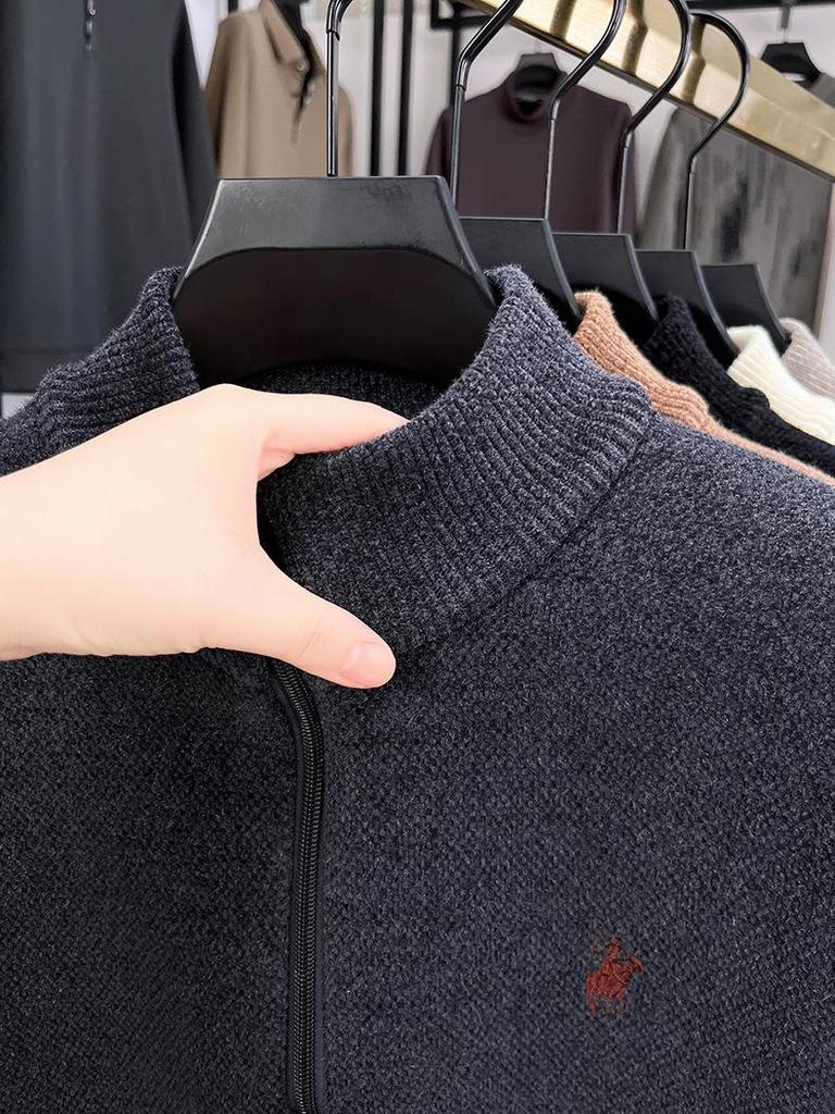 Men's Winter Embroidered Pony Logo Fleece Sweater - Semi-High Neck, Thick Knit