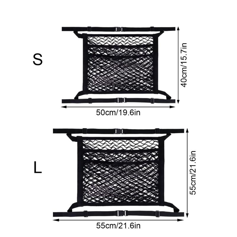 Vehicle Seat Back Storage Net, 3 Pocket Elastic Mesh Panel with Reinforced Edges and Seat Mount Belts for Cars