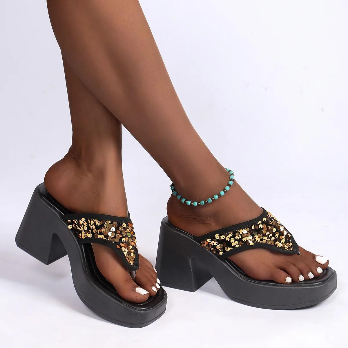 

Модная женская обувь 2024 года, брендовые женские тапочки с открытым носком, модные тапочки с пайетками, высококачественные женские тапочки на квадратном каблуке Zapatos 41