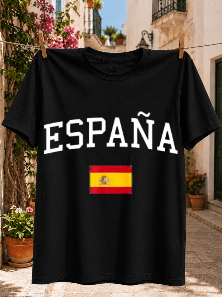 Espana Flag Bold Country Name Above a Small Red and Yellow Spanish Flag In a Clean Minimal Unisex All TShirt