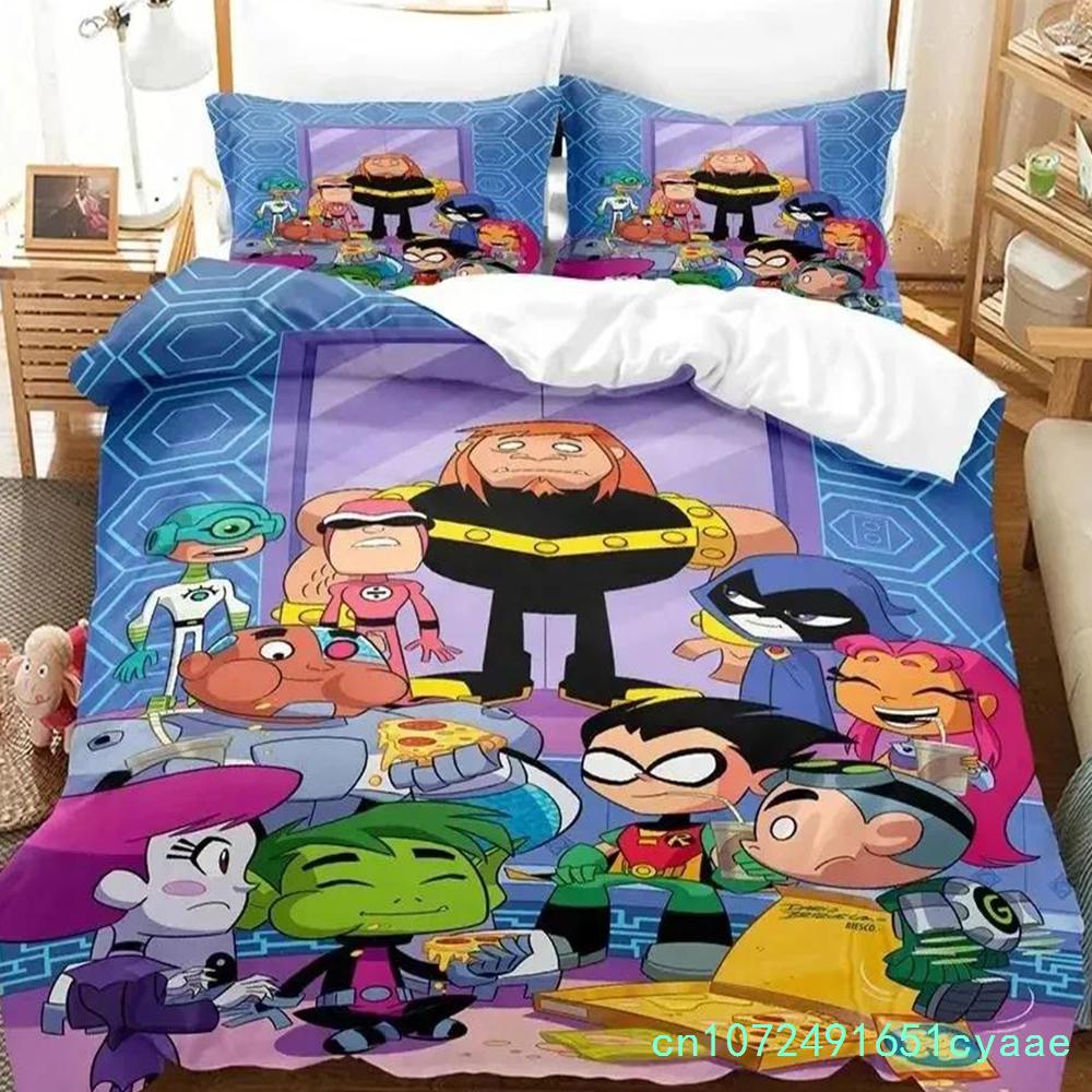 Impression 3D Dessin Animé Titans Teen Go Ensemble de Literie Housse de Couette Ensemble de Lit Housse de Couette Taie d'Oreiller Couette Taille King Queen Garçons Adultes EU single(135x200cm)