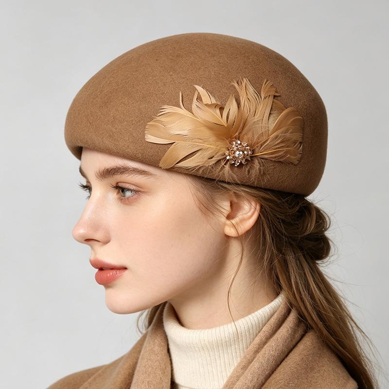Autumn and Winter New Hat Women's Wool Beret British Retro Mink Hair Flower Curled Stewardess Hat