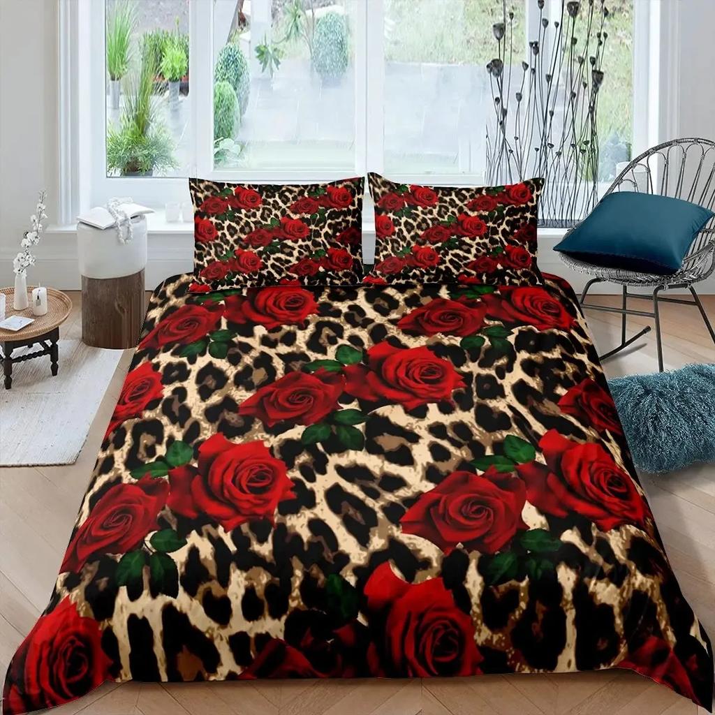 Růžová sada povlečení pro ženy Elegantní fialový květinový potisk Ložní sada Romantické květiny Třpytky King Size povlak na přikrývku Pro páry