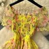Abito Retrò Francese Floreale in Chiffon con Vita Cinciurata, Manica a Sbuffo Monospalla e Gonna in Rete