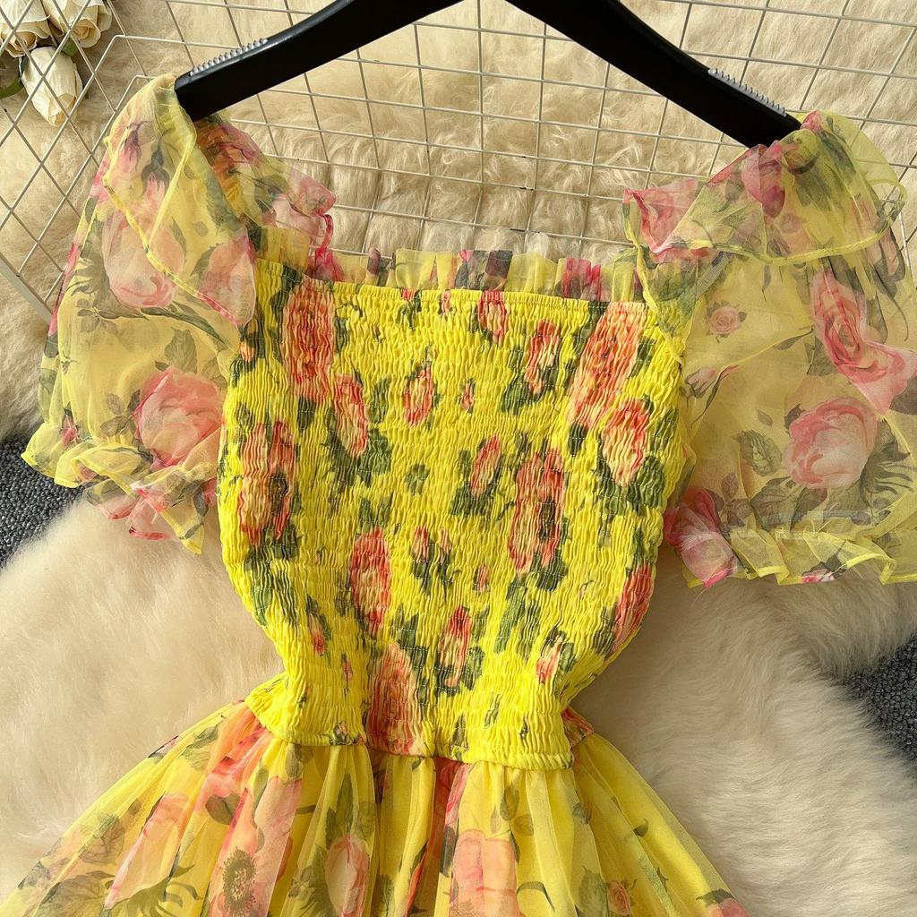 Abito Retrò Francese Floreale in Chiffon con Vita Cinciurata, Manica a Sbuffo Monospalla e Gonna in Rete