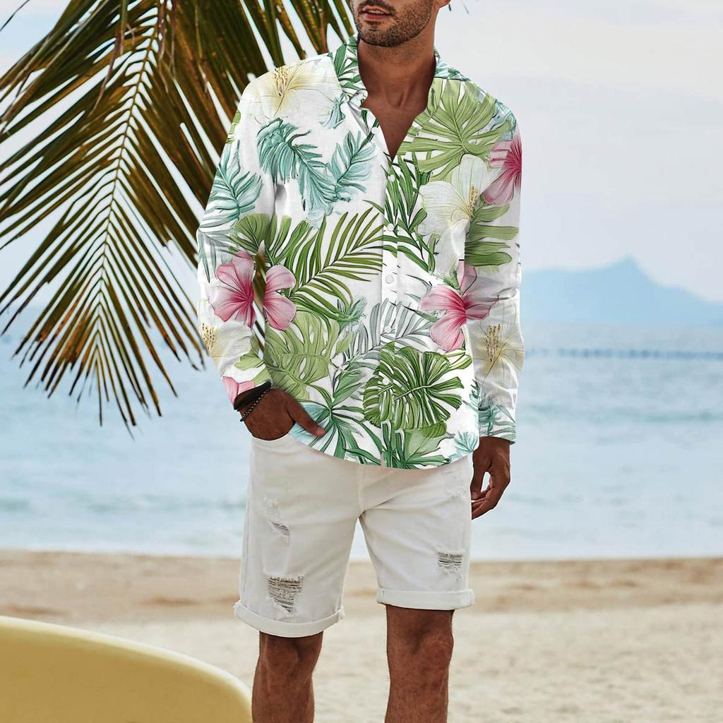 Mote Langermet Trykket Casual T-skjorte med Knapper Regular Fit Skjorte Topp for Menn