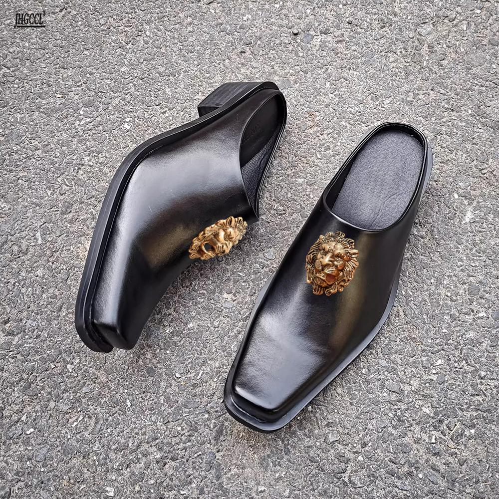 

Fashion Punk leather bun half drag men s leather slippers Women s skinny square Derby shoes Muller men s leather shoes 35 чёрный