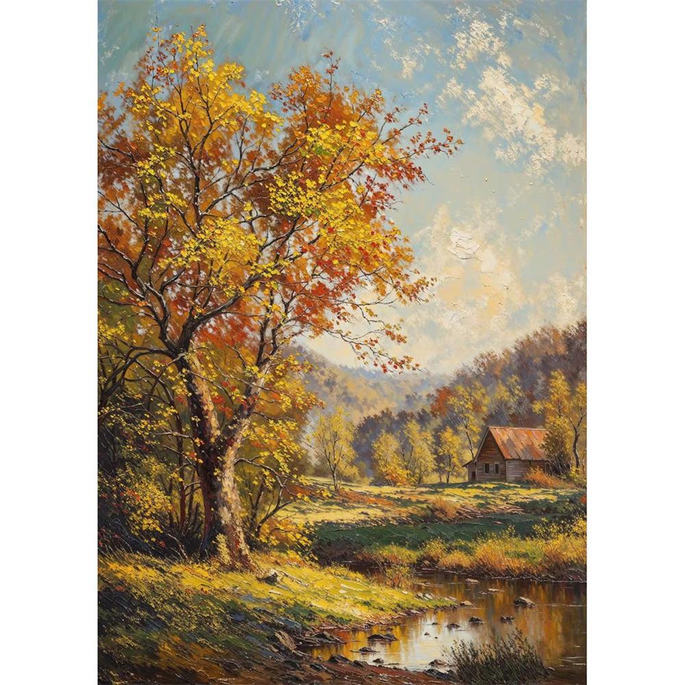 Cabana na Montanha Vista do Vale Caminho de Outono Prado de Verão Floresta de Árvores Nuvem Pôster Pintura em Tela Impressão para Sala de Estar Decoração de Casa