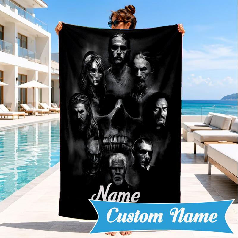 Custom Name Group Portrait Sons Heart In Space Adventure Microfiber Beach Towel, Lightweight for Summer Travel, Swimming Pool Fan Gift