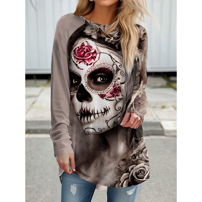 Women's Skull Pattern Printed Round Neck Long Sleeve T-shirt Fashion Casual Top Hoodie Clothing