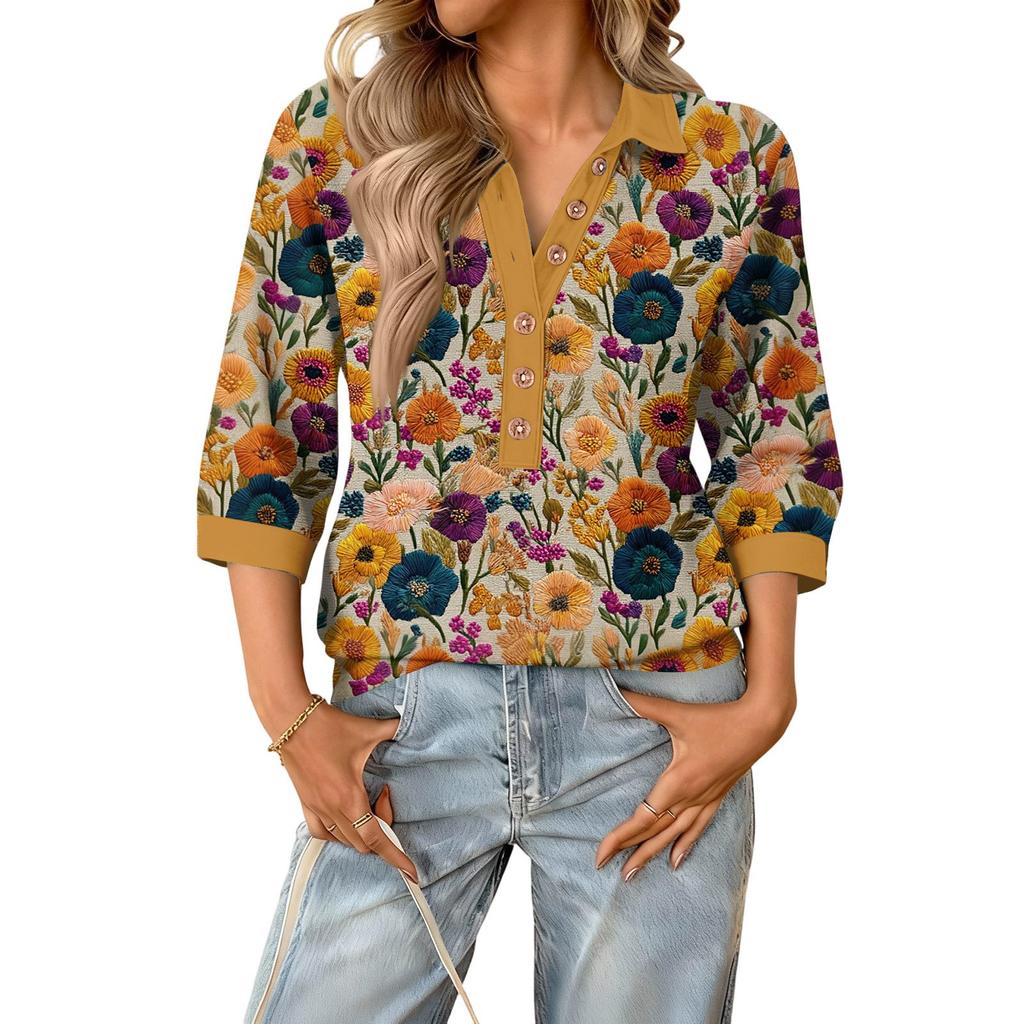 Damen modisches und lässiges Sommer V-Ausschnitt Patchwork Dreiviertelarm Blumenoberteil