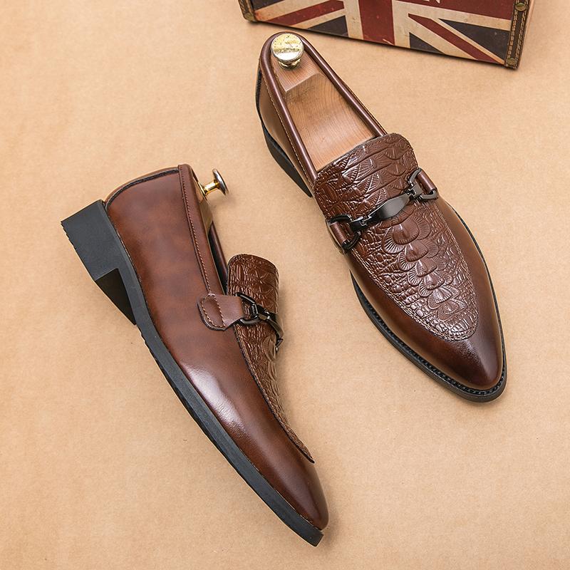 Fashion Spring Crocodile Pattern Leather Shoes Fashion Loafers Men's Slip-On Thick Sole Pointed Toe Branded Casual Shoes Business Shoes