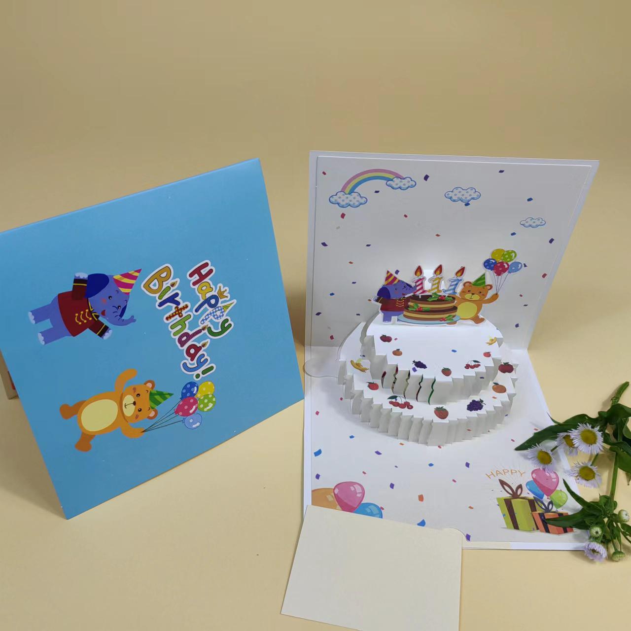 Inspired Music Light Greeting Card: Cute 3D Bear & Birthday Cake Design