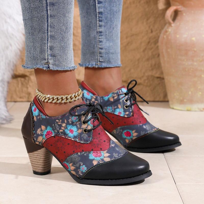 Spring and Autumn Coarse Heel High Heel Single Shoes Pointed Large Size-4 Size Deep Mouth Lace-Up Women's Shoes