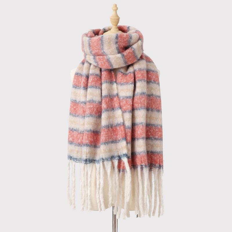 Mohair Winter Striped Scarf Women's Warm Color Matching Imitation Cashmere Advanced Sense Thickened Scarf Versatile Fashion Shawl