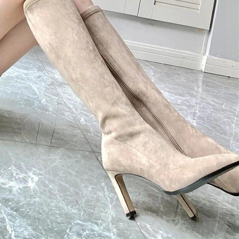 Fashion High Heeled Women Boots Knee High Boots High Quality Fashion Pointed Toe Side Zipper Suede High-heeled Women's Boots Botas Mujer