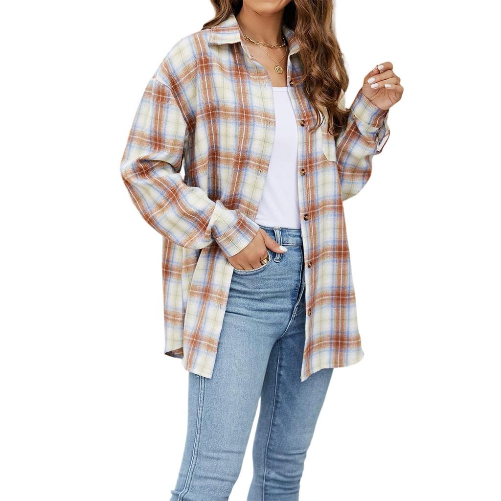 Women's Casual Fashion Loose Plaid Shirt Long Sleeve Pocket Button Shirt Mid-length