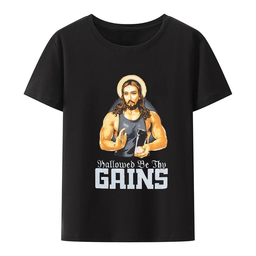 Geheiligt sei dein Zuwachs Lustiges Muskel-Jesus Gewichtheben Trainings-Humor T-Shirt Freizeit Bequeme Kleidung für Männer Oberteile 51107