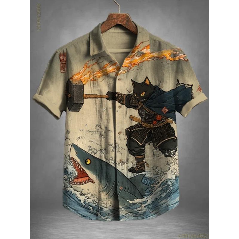 2026 New Men's Shirt Vintage Cat Printed Top Comfortable Fabric Breathable Short Sleeve Shirt Personalized Loose Casual Shirt