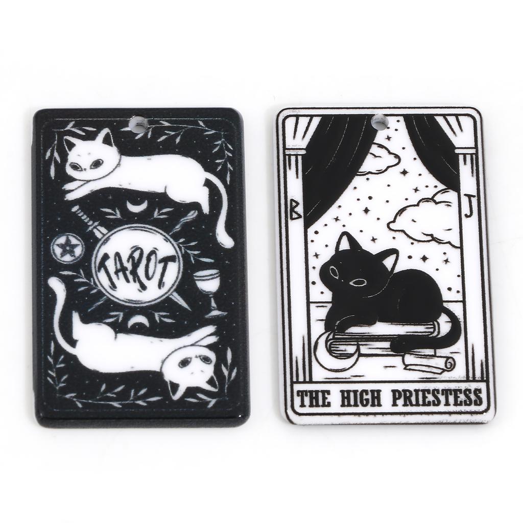 5PCs Black White Acrylic Tarot Pendants Rectangle Cat Double-sided Charms For DIY Earrings Necklace Jewelry Making 3.8cm X 2.3cm