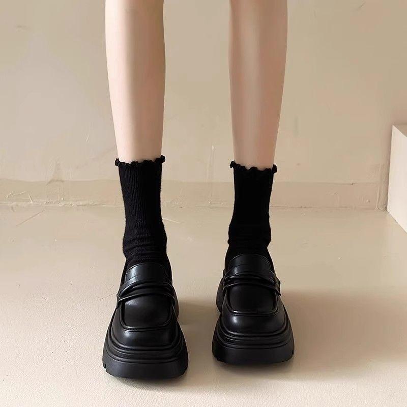 2025 new platform loafers women's popular shoes autumn and winter women's shoes British style small leather shoes women's black single shoes
