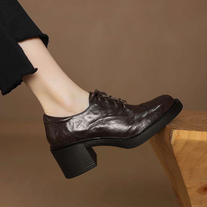 Krazing Pot Sheepskin Autumn Winter Shoes Lace Up Chunky Heels Oxford Shoes Size 43 Round Toe Deep Mouth Pumps